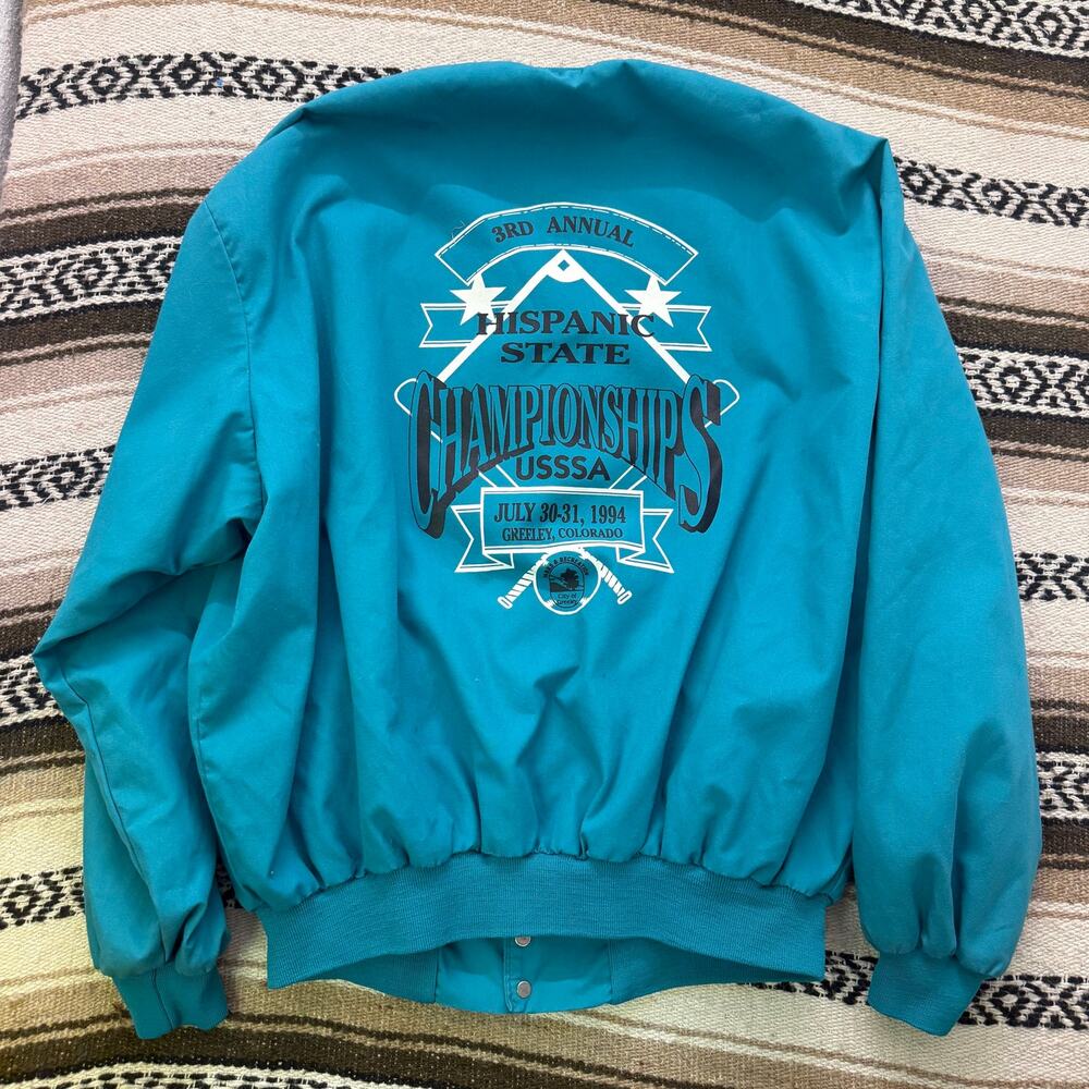 Vintage 90's Hispanic State Championships Baseball Teal Snap Bomber Jacket 2XL